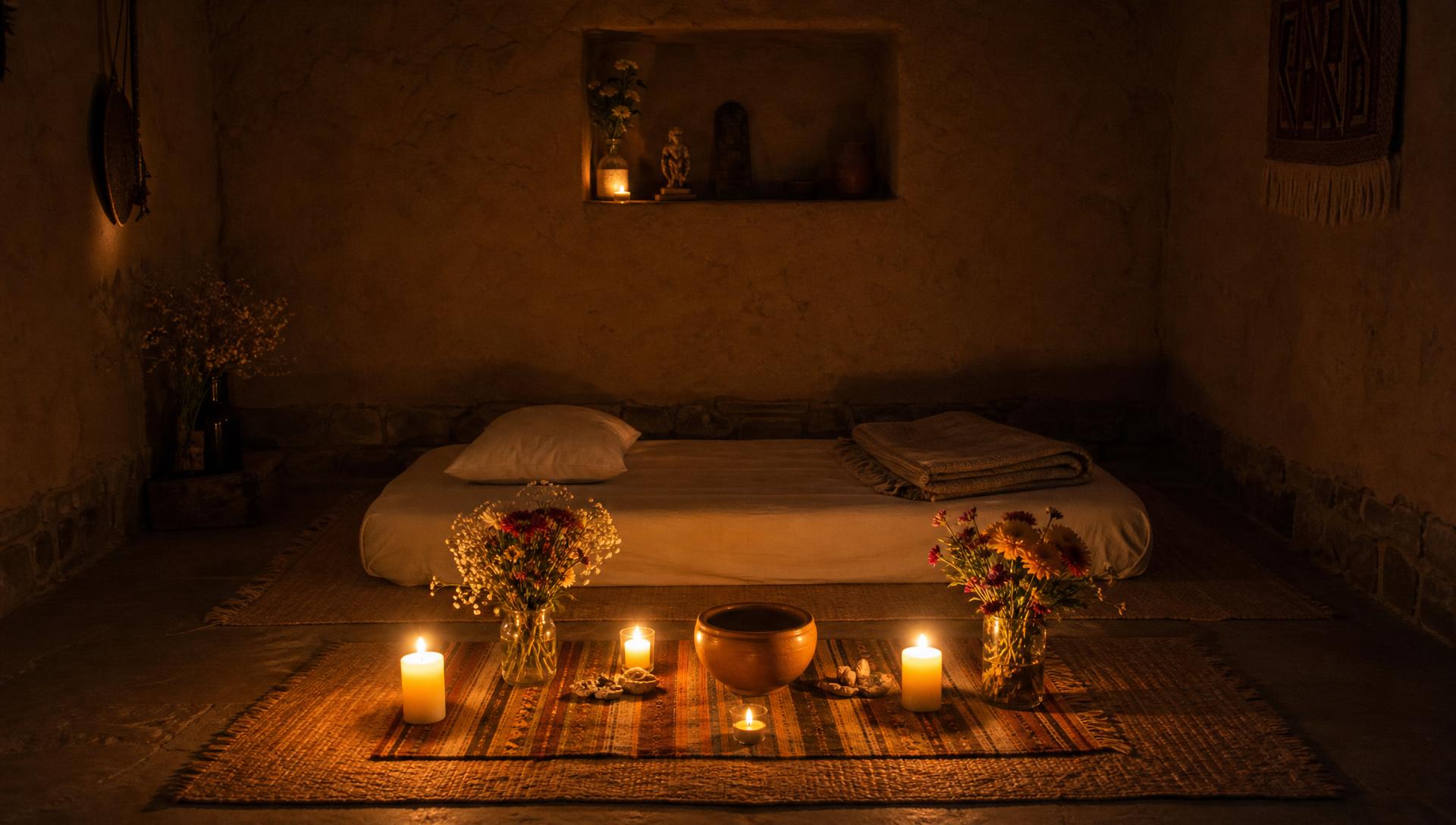 A clean, sunlit ceremony space with a tan adobe wall, white woven mat, and a simple altar with candles and flowers